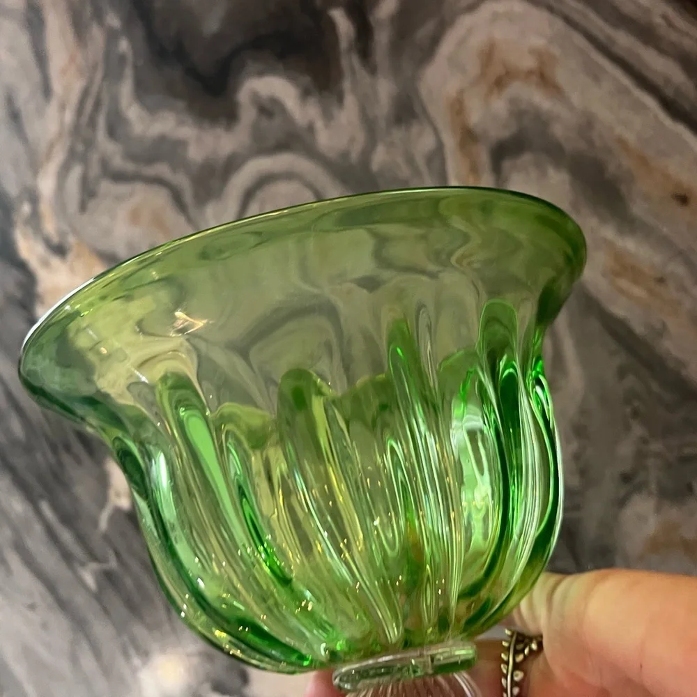 Hand Blown Green Fluted Compote Bowl Italy